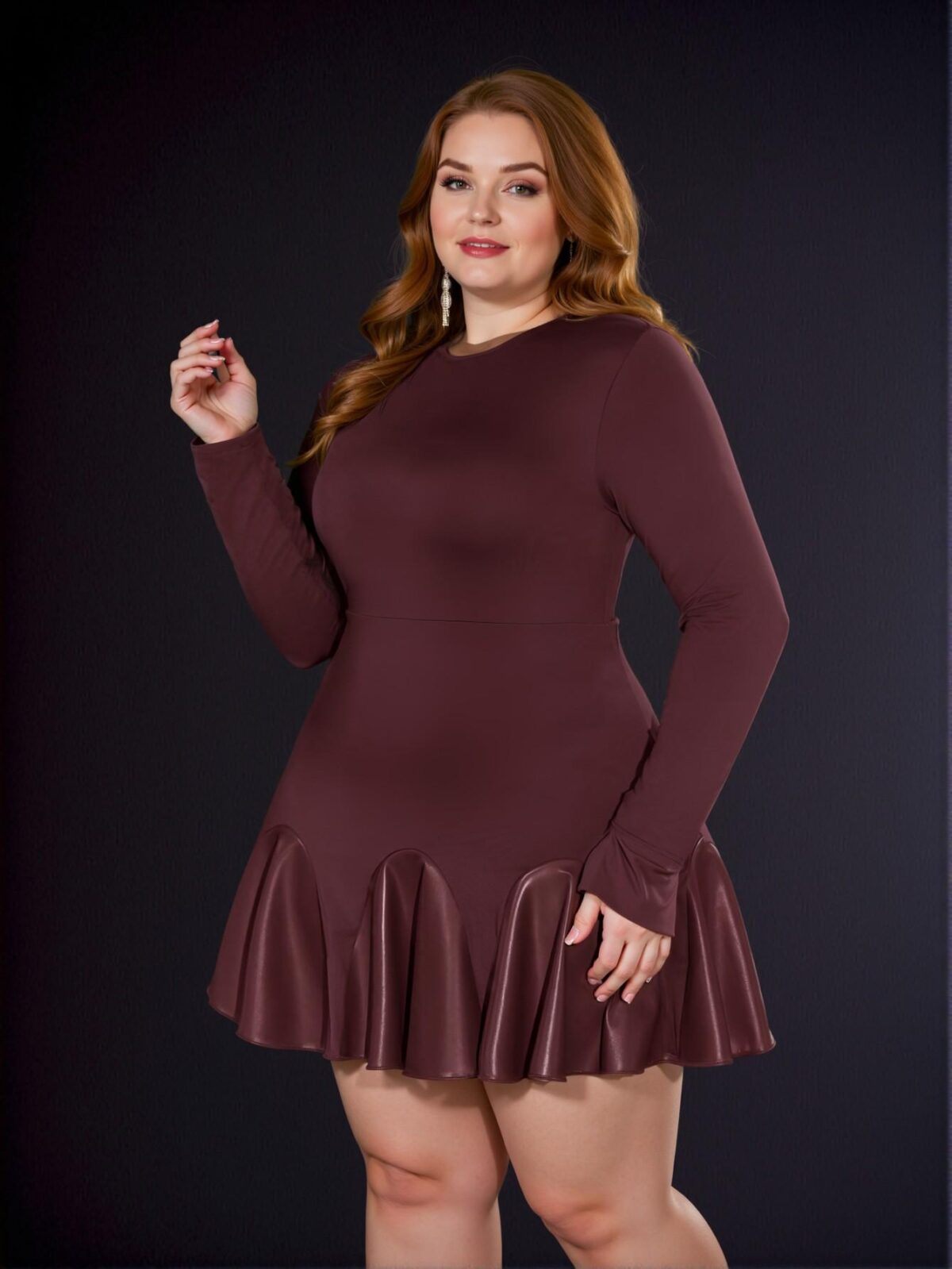 Elegant Burgundy Slim Fitted Long Sleeve Asymmetrical Ruffle Hem PU Dress for Plus Size Women - Perfect for Spring, Autumn, and Graduation Celebrations - Chic, Classy and Trendy Fashion Style to Dress to Impress - Image 5