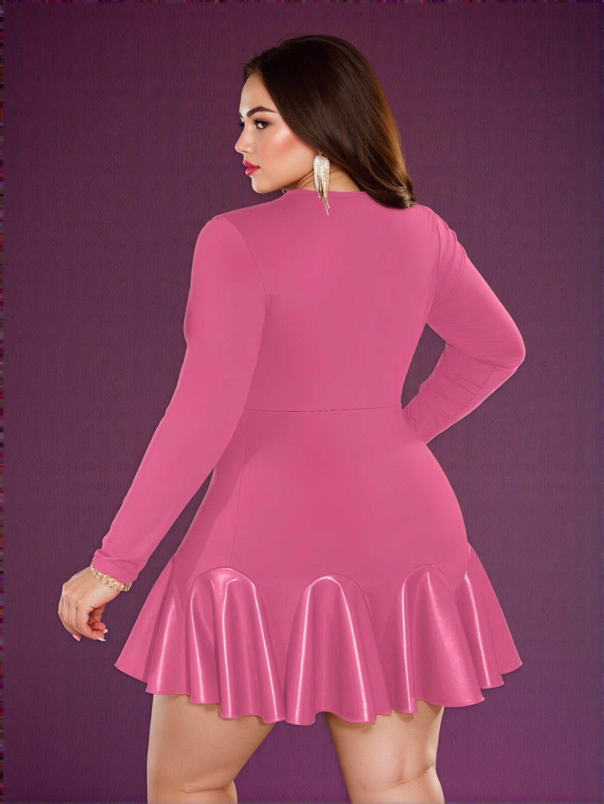 Elegant Pink Fitted Solid Long Sleeve Asymmetric Ruffle Hem Plus Size Mini Dress for Spring and Autumn Events, Chic, Classy and Trendy Fashion Style to Dress to Impress - Image 2