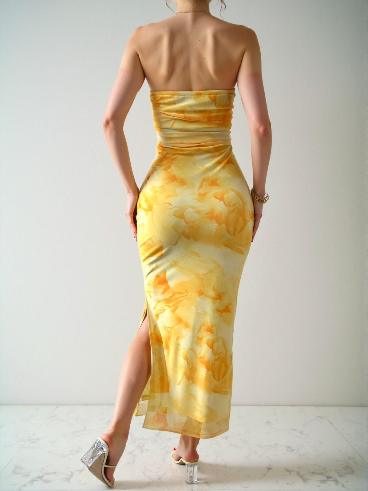Elegant Yellow Maxi Strapless Dress with Side Slit for Spring and Summer - Chic, Classy and Trendy Fashion Style to Dress to Impress - Image 2