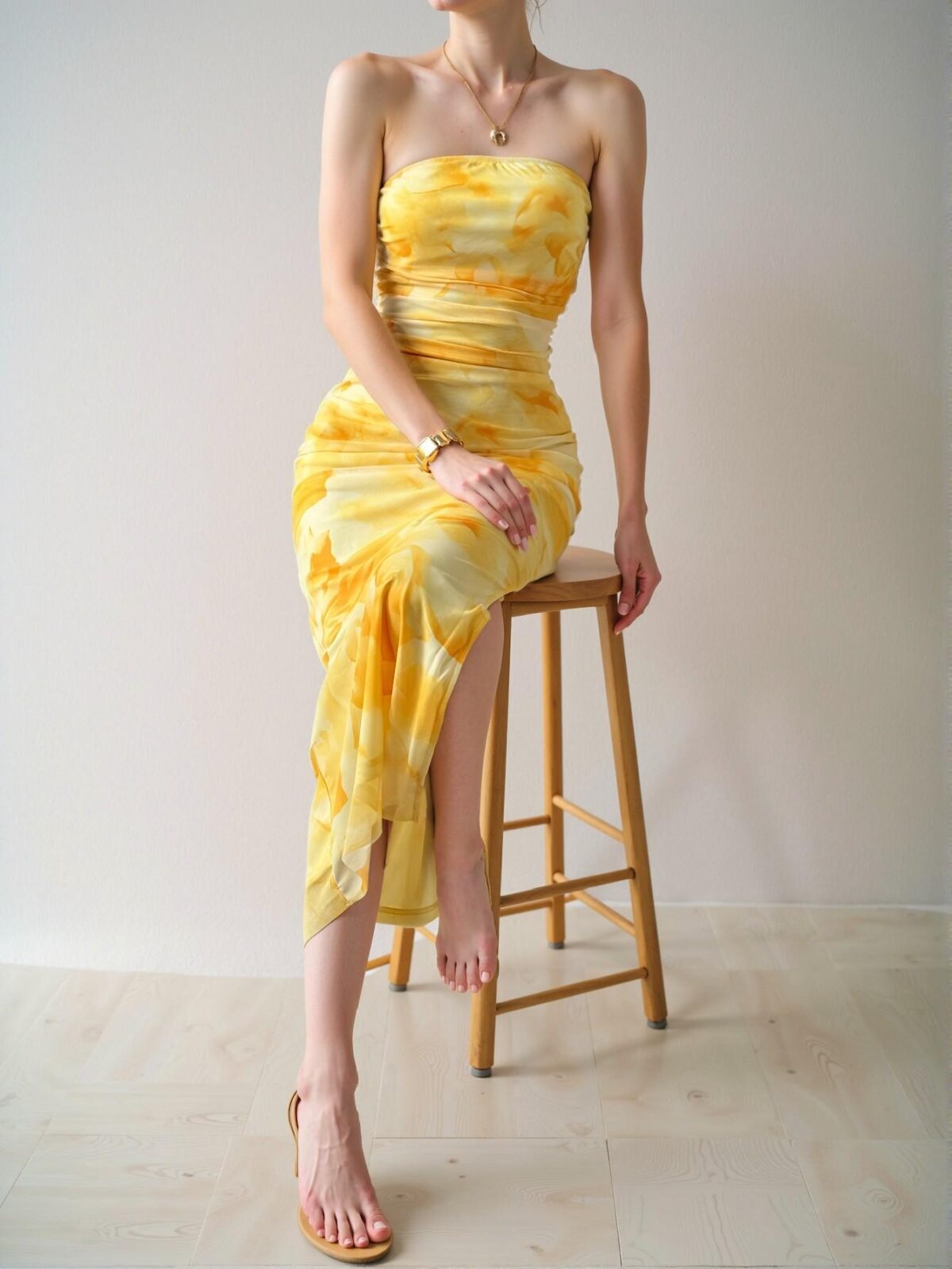 Elegant Yellow Maxi Strapless Dress with Side Slit for Spring and Summer - Chic, Classy and Trendy Fashion Style to Dress to Impress - Image 4