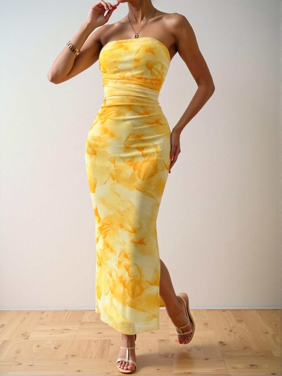 Elegant Yellow Maxi Strapless Dress with Side Slit for Spring and Summer - Chic, Classy and Trendy Fashion Style to Dress to Impress - Image 5