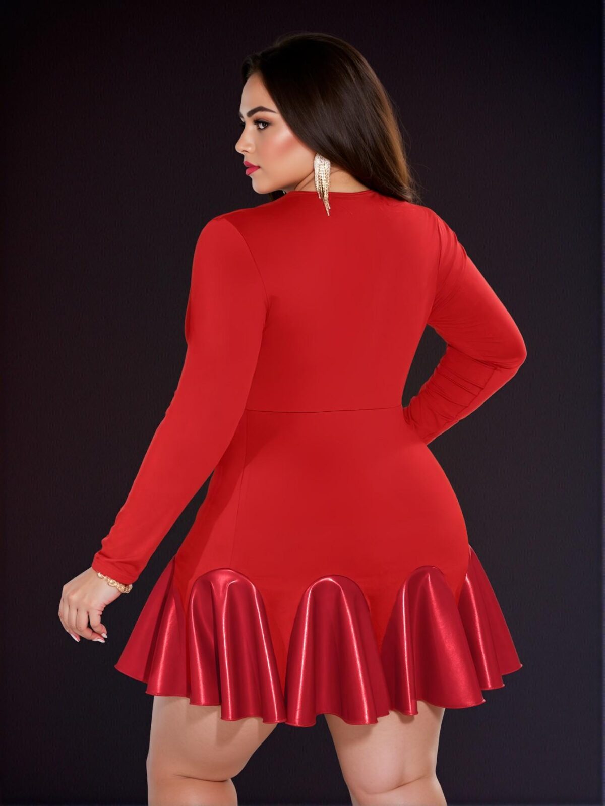 Elegant Red Bodycon Long Sleeve Asymmetrical Ruffle Hem Dress for Plus Size Women Perfect for Spring & Autumn Gatherings - Chic, Classy and Trendy Fashion Style to Dress to Impress - Image 2