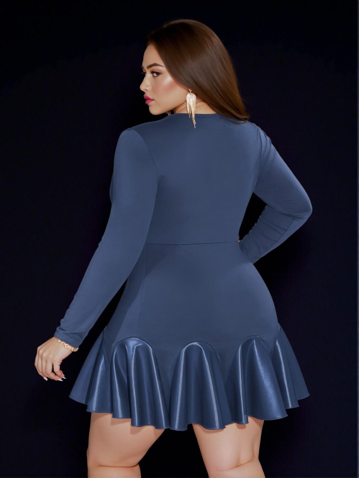 Elegant Navy Blue Flounce Hem Long Sleeve PU Mini Dress with Ruffles for Plus Size, Perfect for Spring and Autumn Events - Chic, Classy, and Trendy Fashion Style to Dress to Impress - Image 2