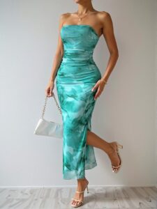 Elegant Cadet Blue Strapless Bodycon Dress with Pleated Details and Slit for Evening Parties, Perfect Spring and Summer Maxi Outfit - Chic, Classy and Trendy Fashion Style to Dress to Impress