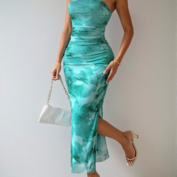 Elegant Cadet Blue Strapless Bodycon Dress with Pleated Details and Slit for Evening Parties, Perfect Spring and Summer Maxi Outfit - Chic, Classy and Trendy Fashion Style to Dress to Impress