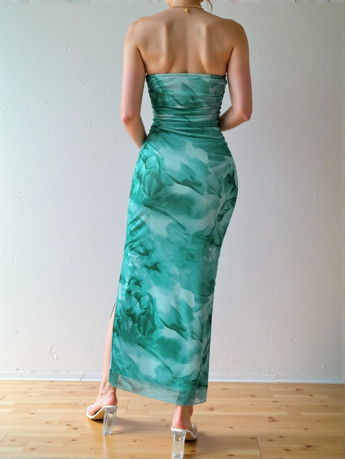 Elegant Cadet Blue Strapless Bodycon Dress with Pleated Details and Slit for Evening Parties, Perfect Spring and Summer Maxi Outfit - Chic, Classy and Trendy Fashion Style to Dress to Impress - Image 2