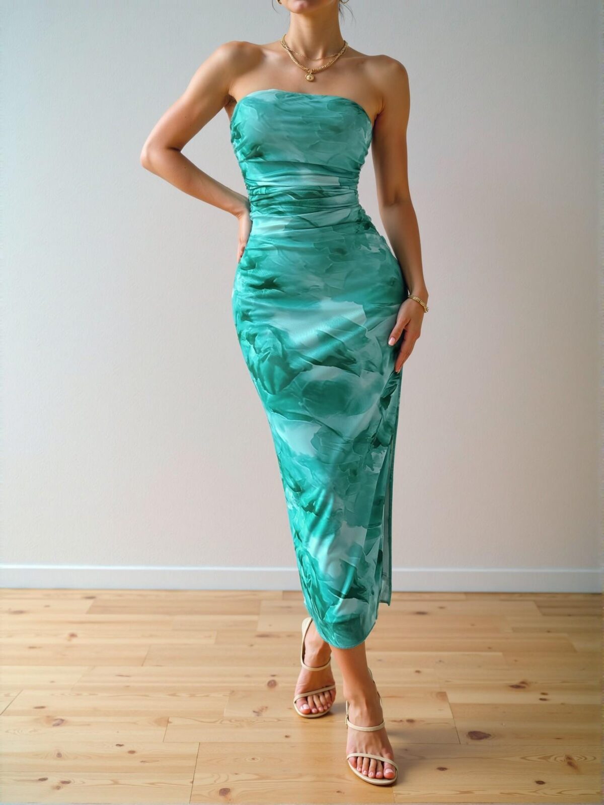 Elegant Cadet Blue Strapless Bodycon Dress with Pleated Details and Slit for Evening Parties, Perfect Spring and Summer Maxi Outfit - Chic, Classy and Trendy Fashion Style to Dress to Impress - Image 3