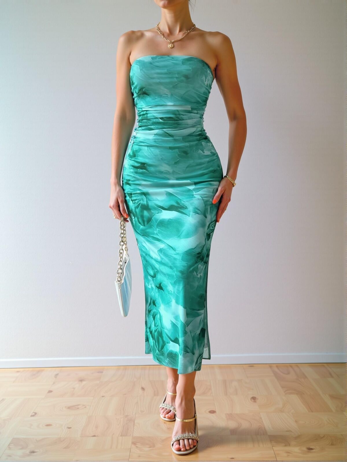 Elegant Cadet Blue Strapless Bodycon Dress with Pleated Details and Slit for Evening Parties, Perfect Spring and Summer Maxi Outfit - Chic, Classy and Trendy Fashion Style to Dress to Impress - Image 4