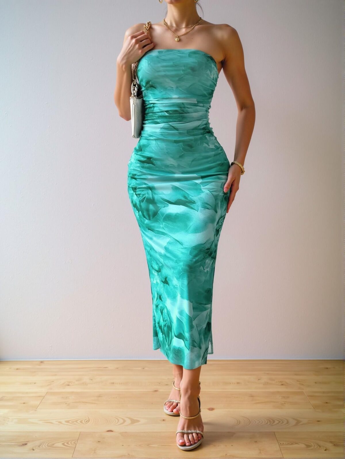 Elegant Cadet Blue Strapless Bodycon Dress with Pleated Details and Slit for Evening Parties, Perfect Spring and Summer Maxi Outfit - Chic, Classy and Trendy Fashion Style to Dress to Impress - Image 5