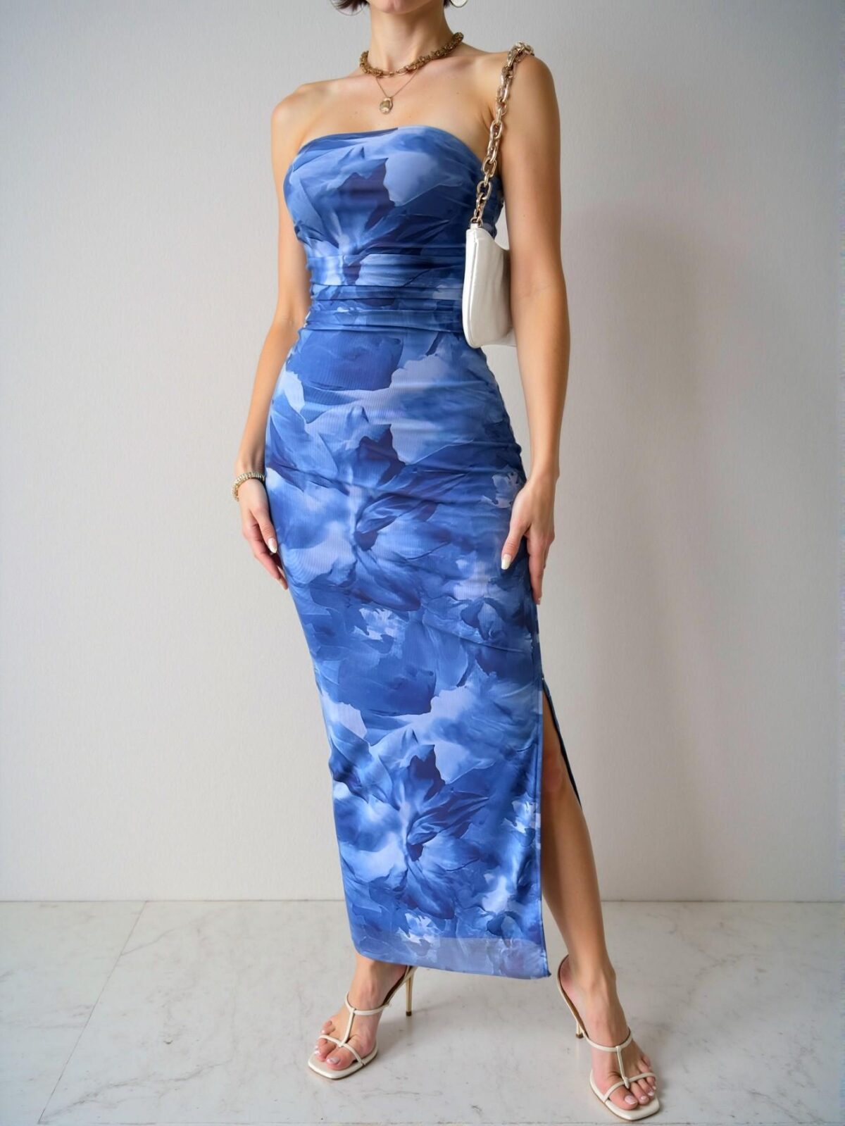 Elegant Dusty Blue Flowy Tie Dye Slit Maxi Dress with Slimming Mesh Strapless Design for Spring and Summer Chic, Classy and Trendy Fashion Style to Dress to Impress