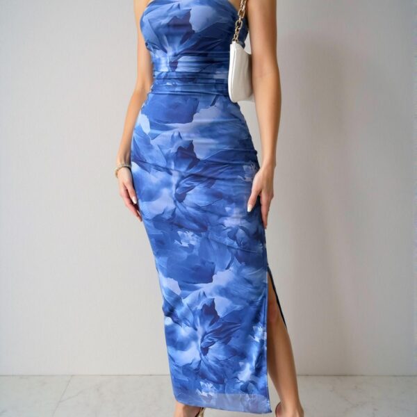 Elegant Dusty Blue Flowy Tie Dye Slit Maxi Dress with Slimming Mesh Strapless Design for Spring and Summer Chic, Classy and Trendy Fashion Style to Dress to Impress