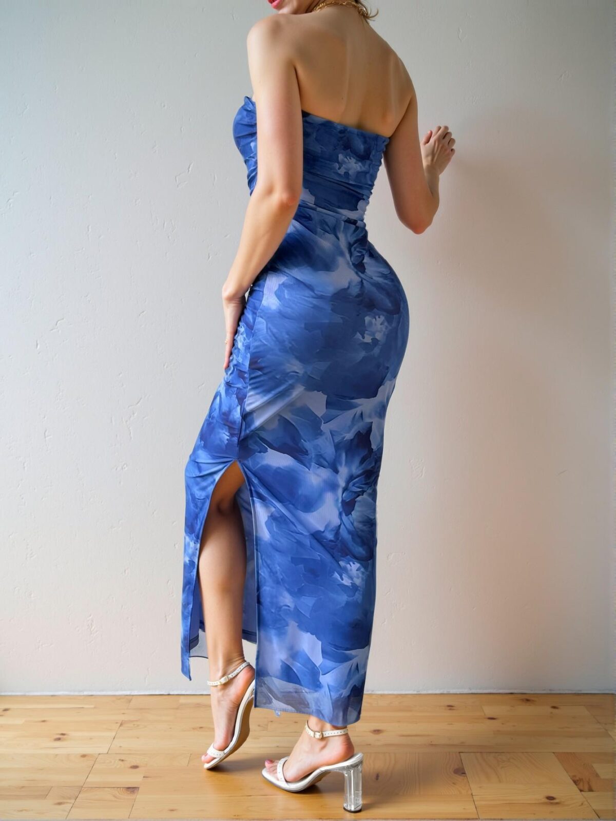 Elegant Dusty Blue Flowy Tie Dye Slit Maxi Dress with Slimming Mesh Strapless Design for Spring and Summer Chic, Classy and Trendy Fashion Style to Dress to Impress - Image 2