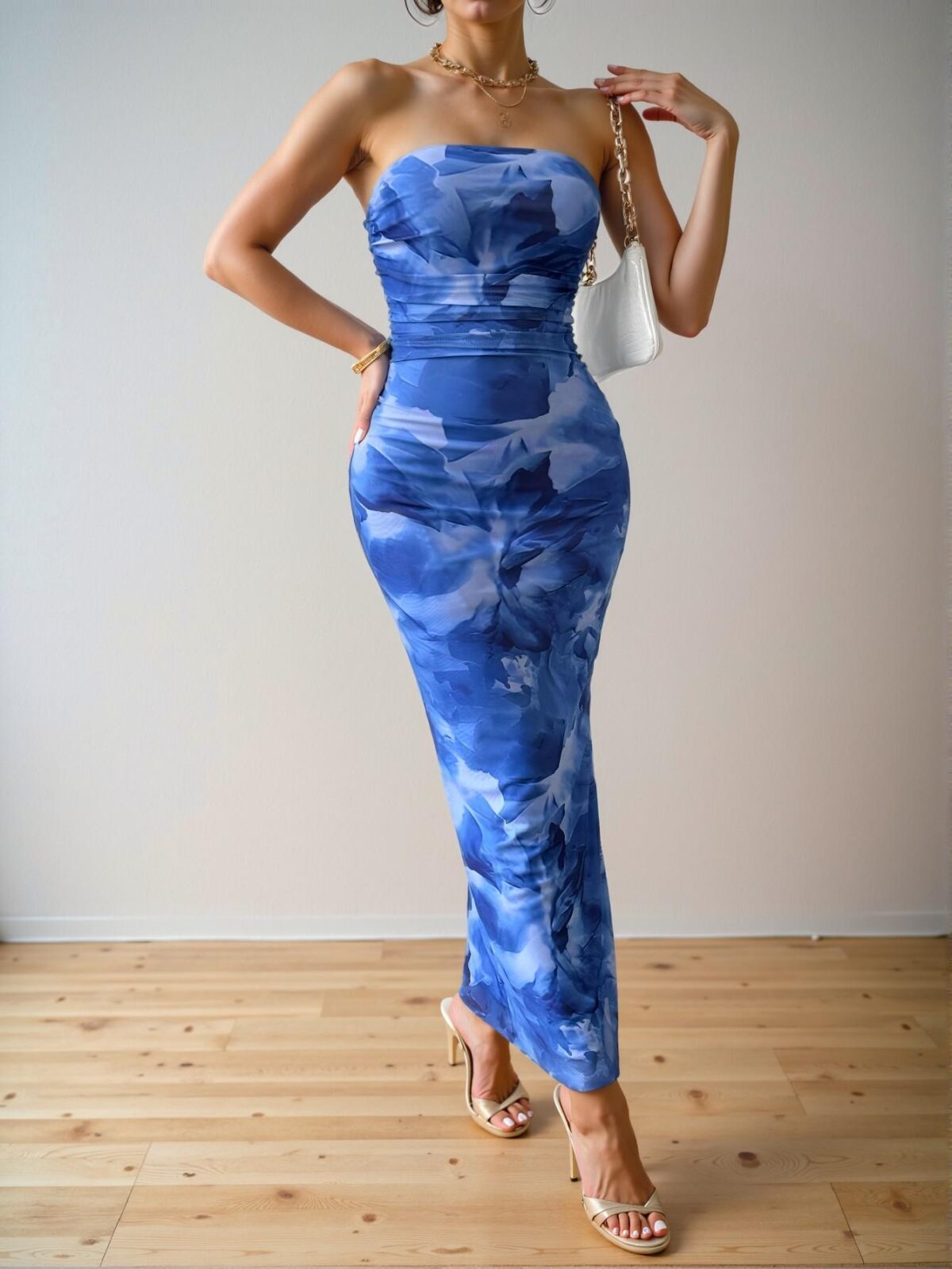 Elegant Dusty Blue Flowy Tie Dye Slit Maxi Dress with Slimming Mesh Strapless Design for Spring and Summer Chic, Classy and Trendy Fashion Style to Dress to Impress - Image 3