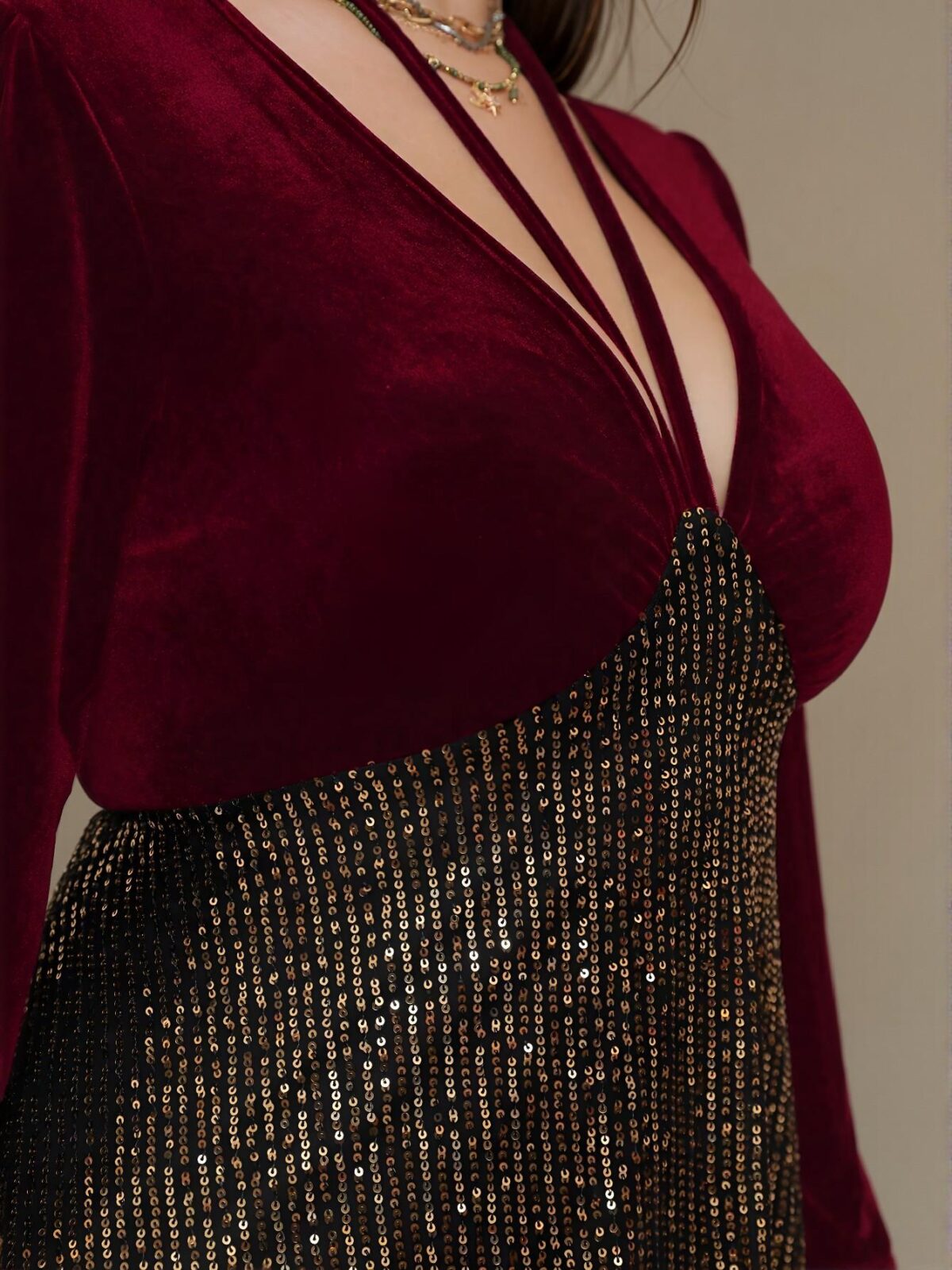 Elegant Red V-Neck Long Sleeve Tie-Front Velvet Dress with Sequin Details for New Year Celebrations - Chic, Classy and Trendy Fashion Style to Dress to Impress - Image 4