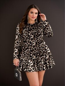 Elegant Multicolor Refined Leopard Print Pleated Hem A-Line Long Sleeve Plus Size Dress Perfect for Autumn/Winter - Chic, Classy and Trendy Fashion Style to Dress to Impress