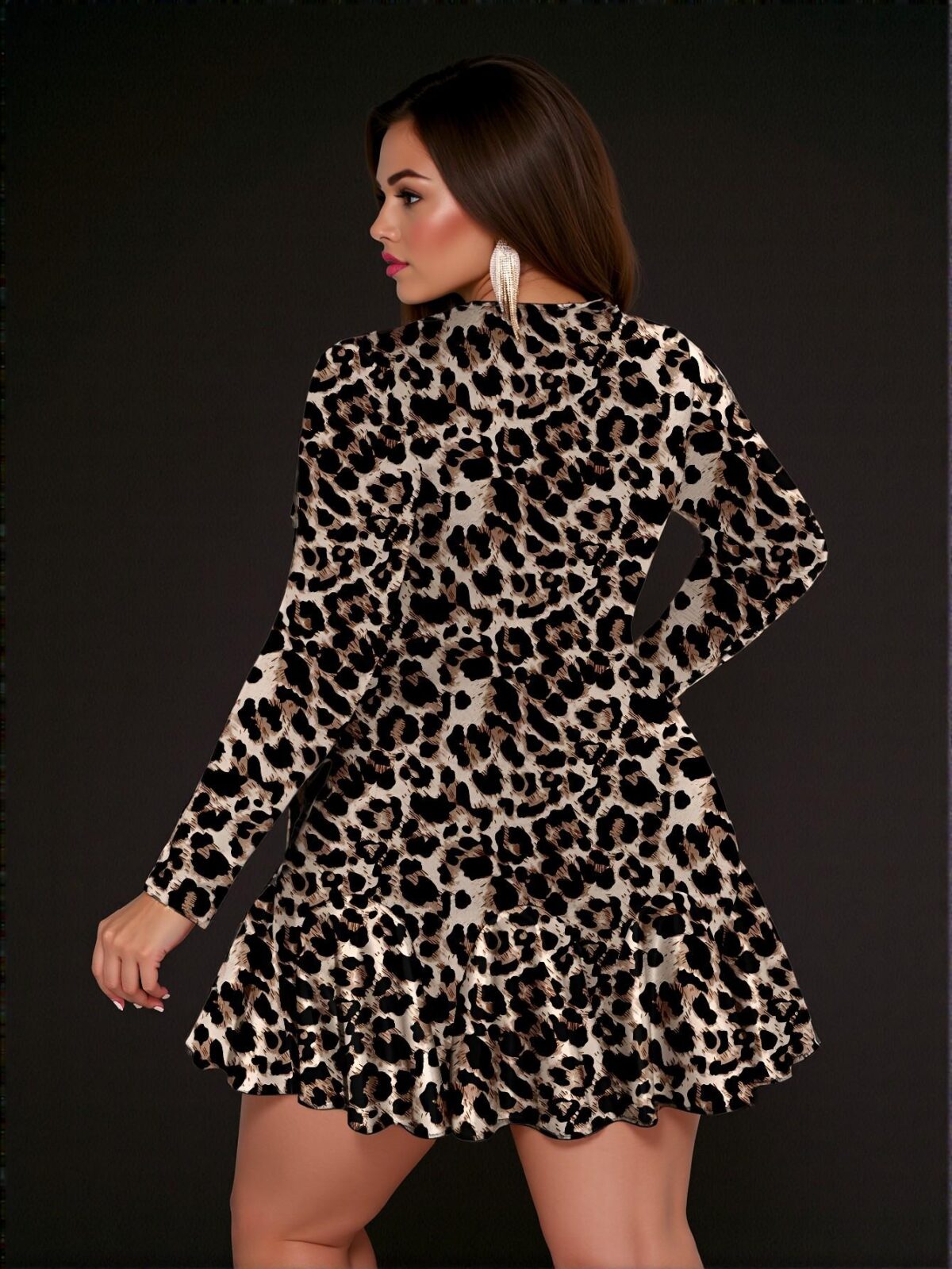 Elegant Multicolor Refined Leopard Print Pleated Hem A-Line Long Sleeve Plus Size Dress Perfect for Autumn/Winter - Chic, Classy and Trendy Fashion Style to Dress to Impress - Image 2