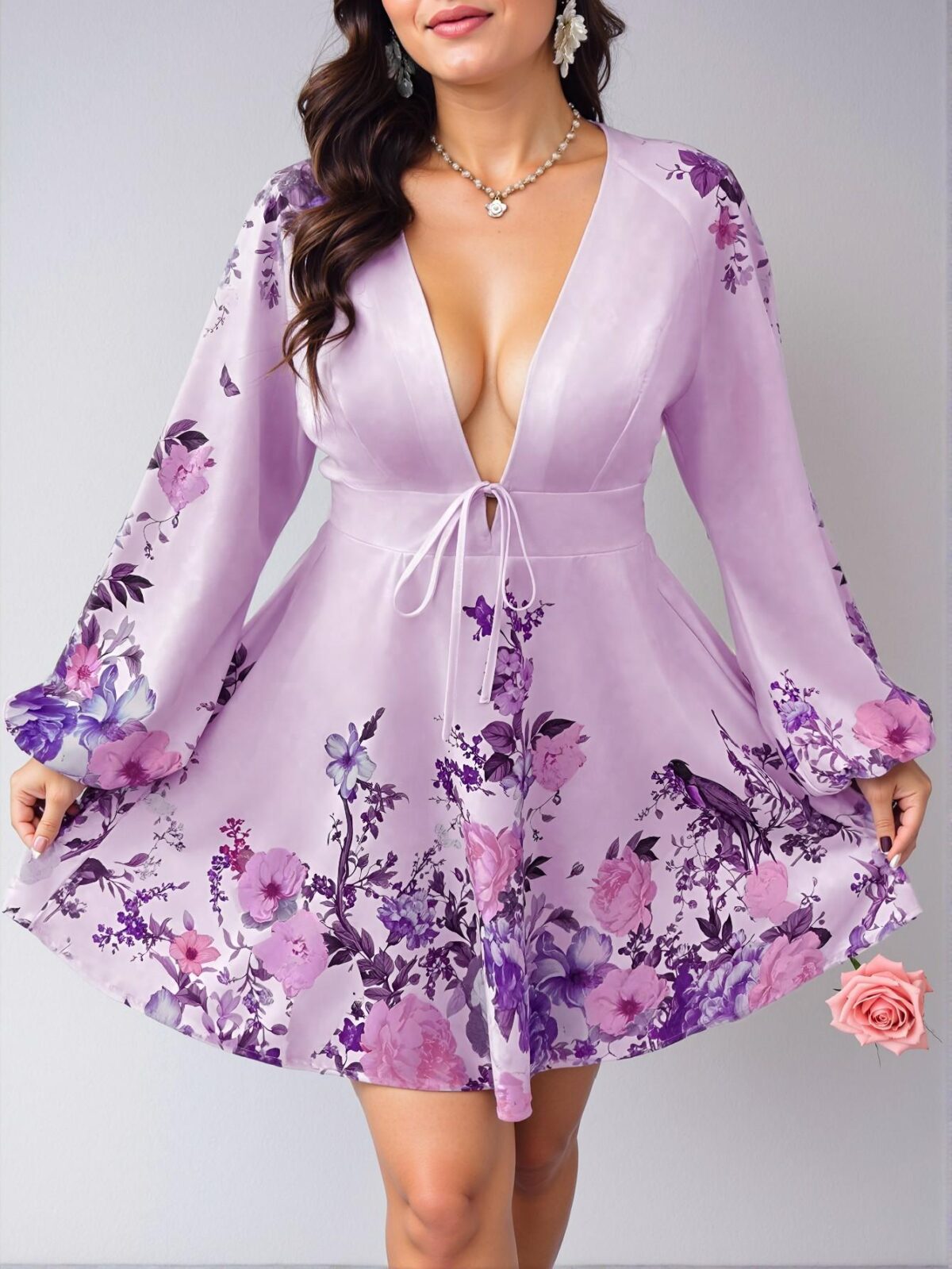 Elegant Lilac Purple Plus Size V-Neck Floral Print Dress Perfect for Easter Celebrations Chic, Classy and Trendy Fashion Style to Dress to Impress