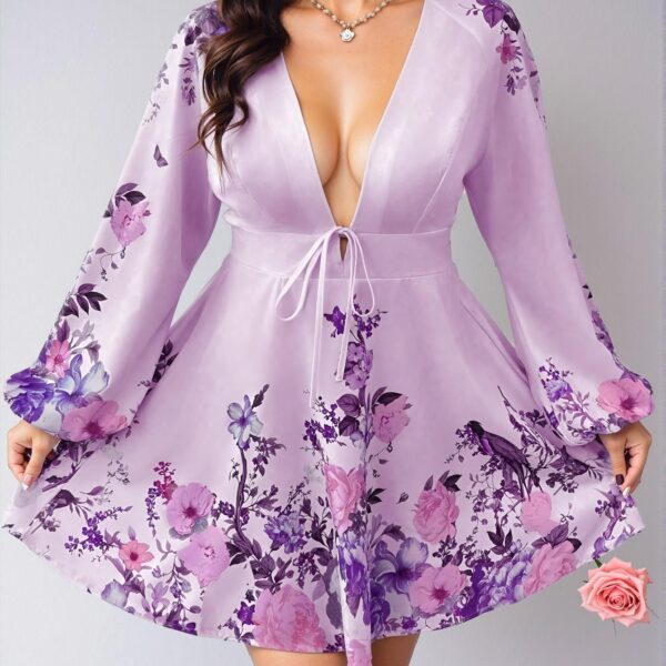 Elegant Lilac Purple Plus Size V-Neck Floral Print Dress Perfect for Easter Celebrations Chic, Classy and Trendy Fashion Style to Dress to Impress