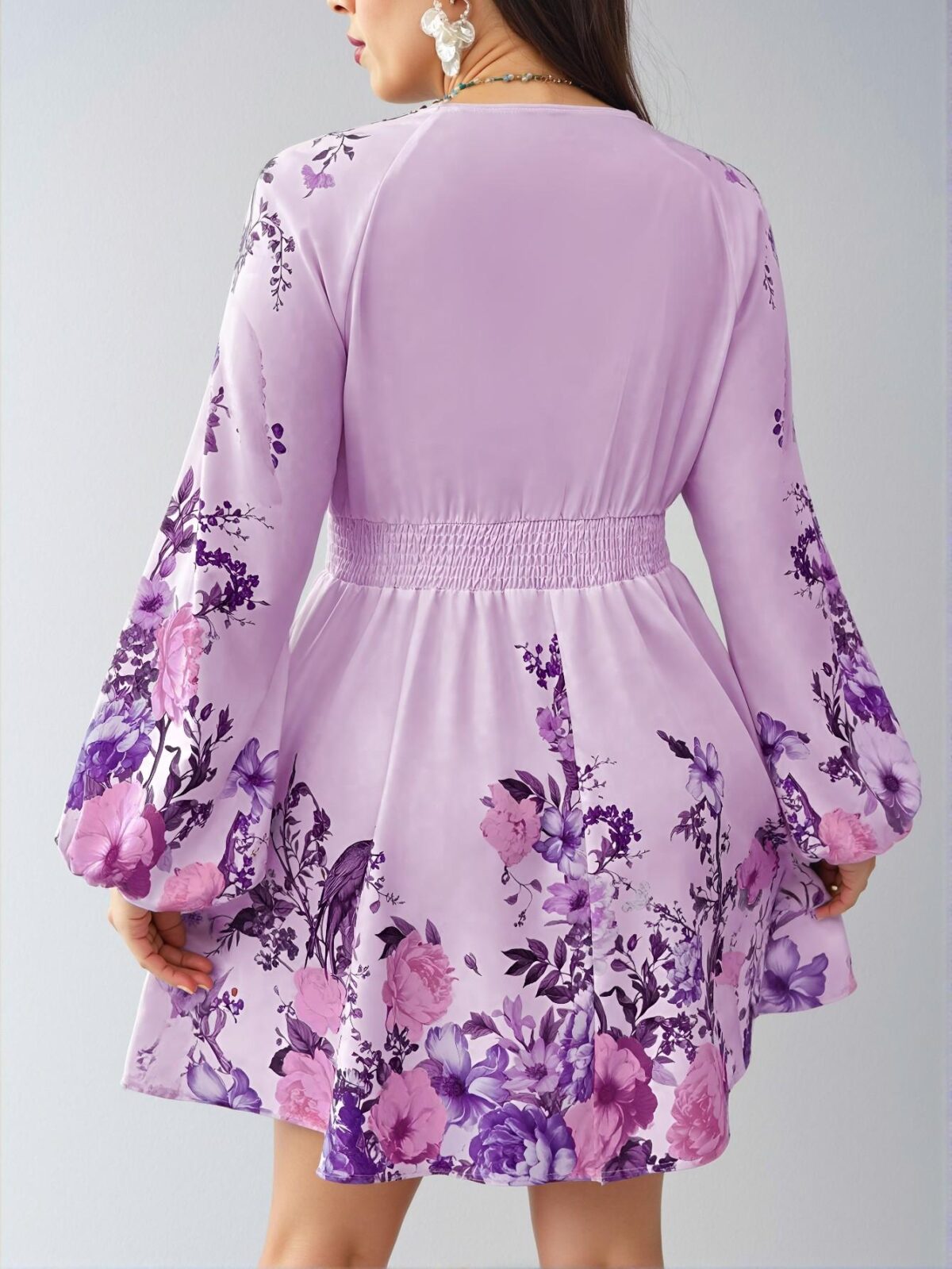 Elegant Lilac Purple Plus Size V-Neck Floral Print Dress Perfect for Easter Celebrations Chic, Classy and Trendy Fashion Style to Dress to Impress - Image 2