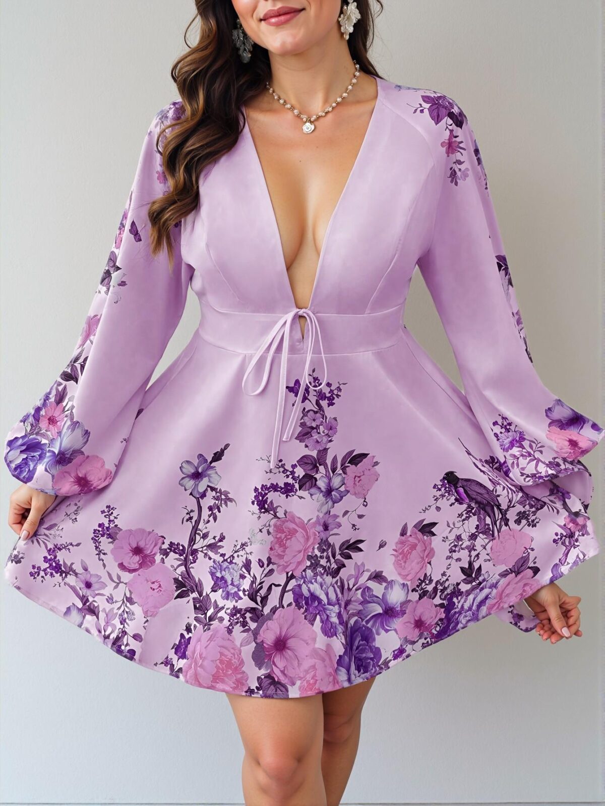 Elegant Lilac Purple Plus Size V-Neck Floral Print Dress Perfect for Easter Celebrations Chic, Classy and Trendy Fashion Style to Dress to Impress - Image 3