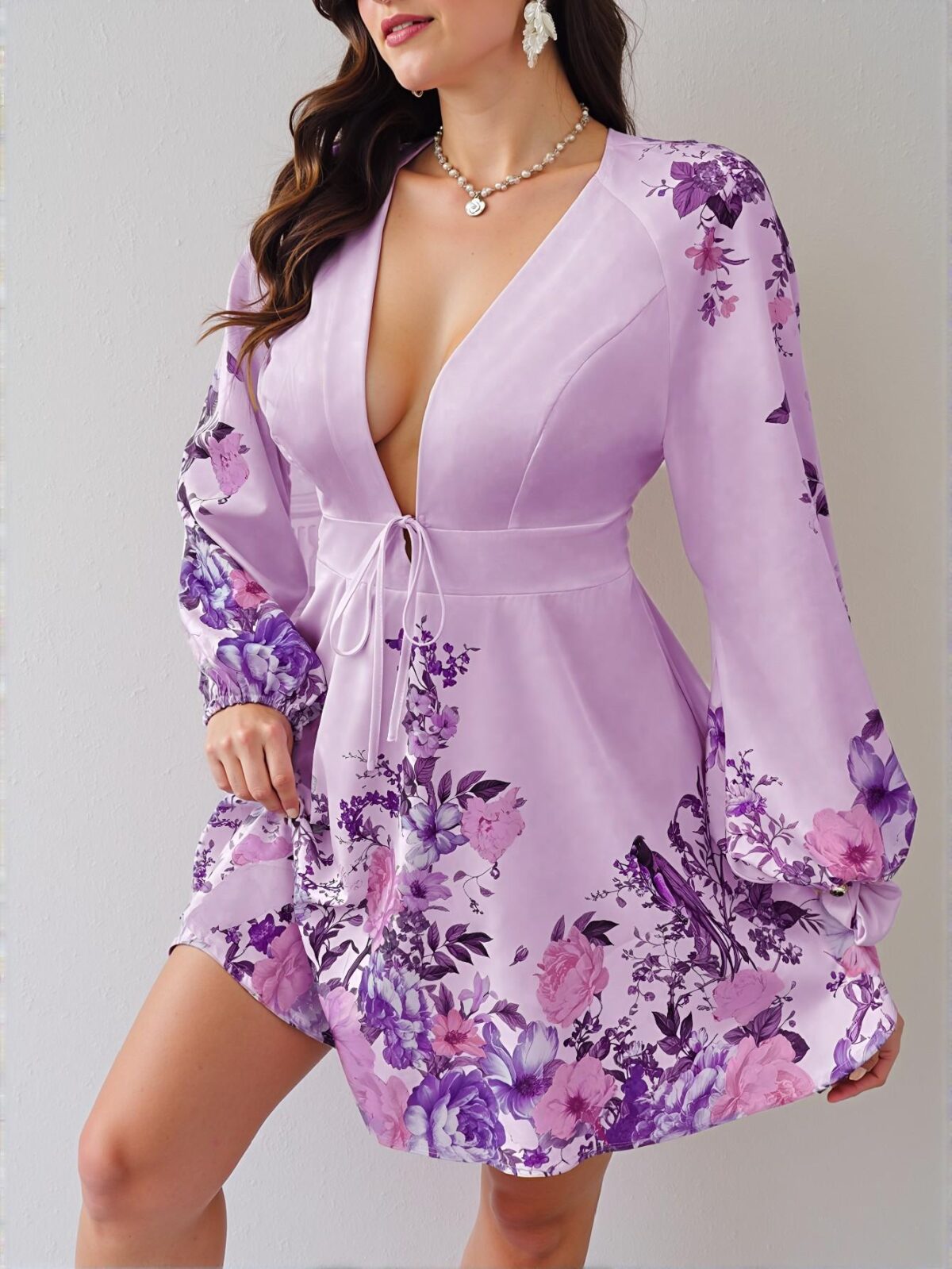 Elegant Lilac Purple Plus Size V-Neck Floral Print Dress Perfect for Easter Celebrations Chic, Classy and Trendy Fashion Style to Dress to Impress - Image 4