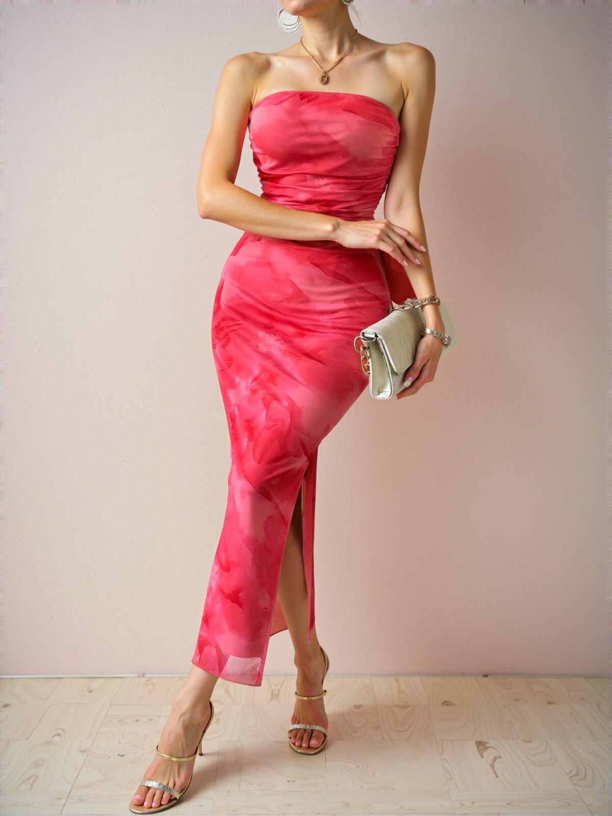 Elegant Baby Pink Stylish Tie Dye Split Thigh Tube Bodycon Maxi Dress for Spring and Summer - Chic, Classy and Trendy Fashion Style to Dress to Impress - Image 5