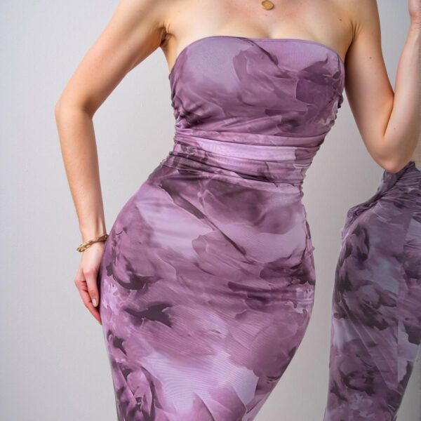Elegant Mauve Purple Stylish Strapless Maxi Dress with Floral Print and Fish Tail Hem for Spring and Summer - Chic, Classy, and Trendy Fashion Style to Dress to Impress
