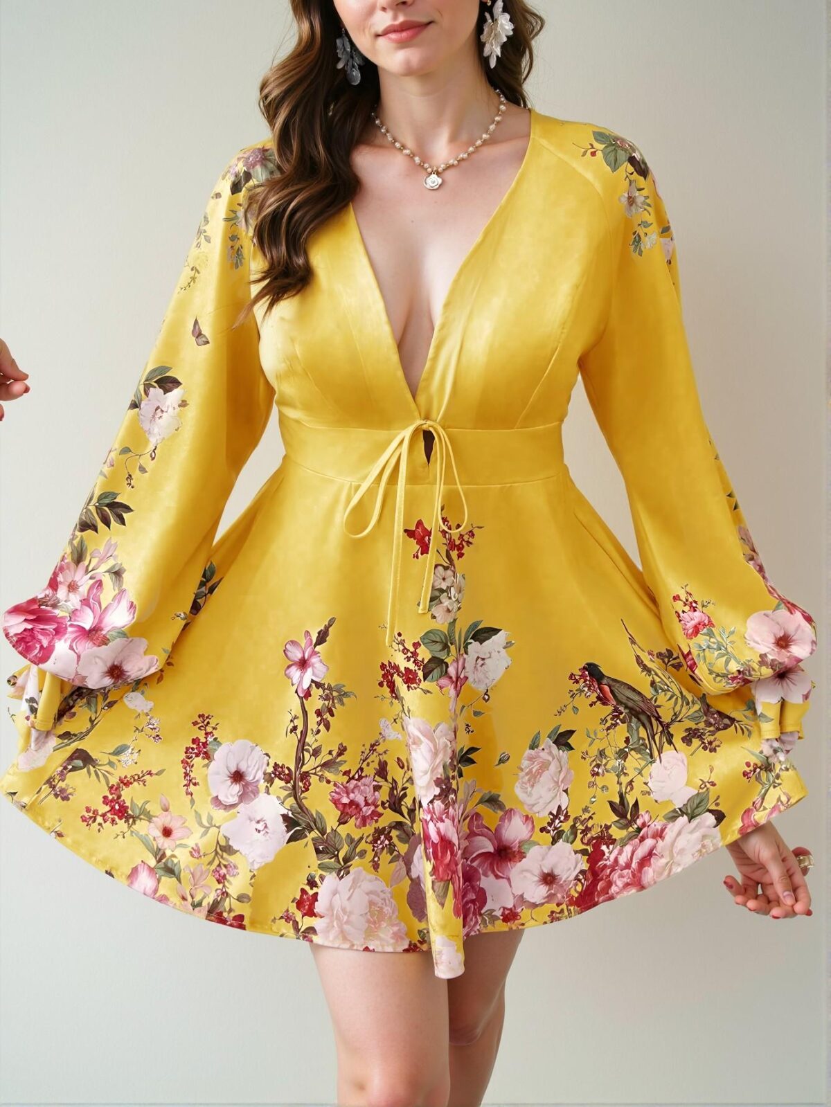 Elegant Yellow Stylish Plus Size Deep V-Neck Floral A-Line Dress Perfect for Easter Celebrations - Chic, Classy and Trendy Fashion Style to Dress to Impress