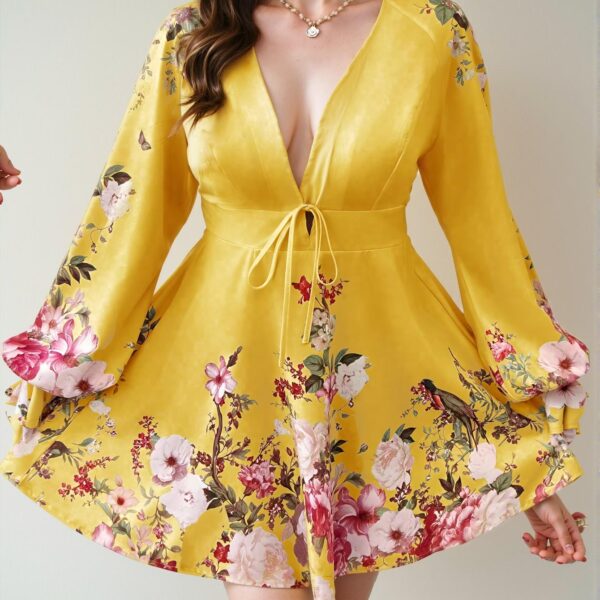 Elegant Yellow Stylish Plus Size Deep V-Neck Floral A-Line Dress Perfect for Easter Celebrations - Chic, Classy and Trendy Fashion Style to Dress to Impress