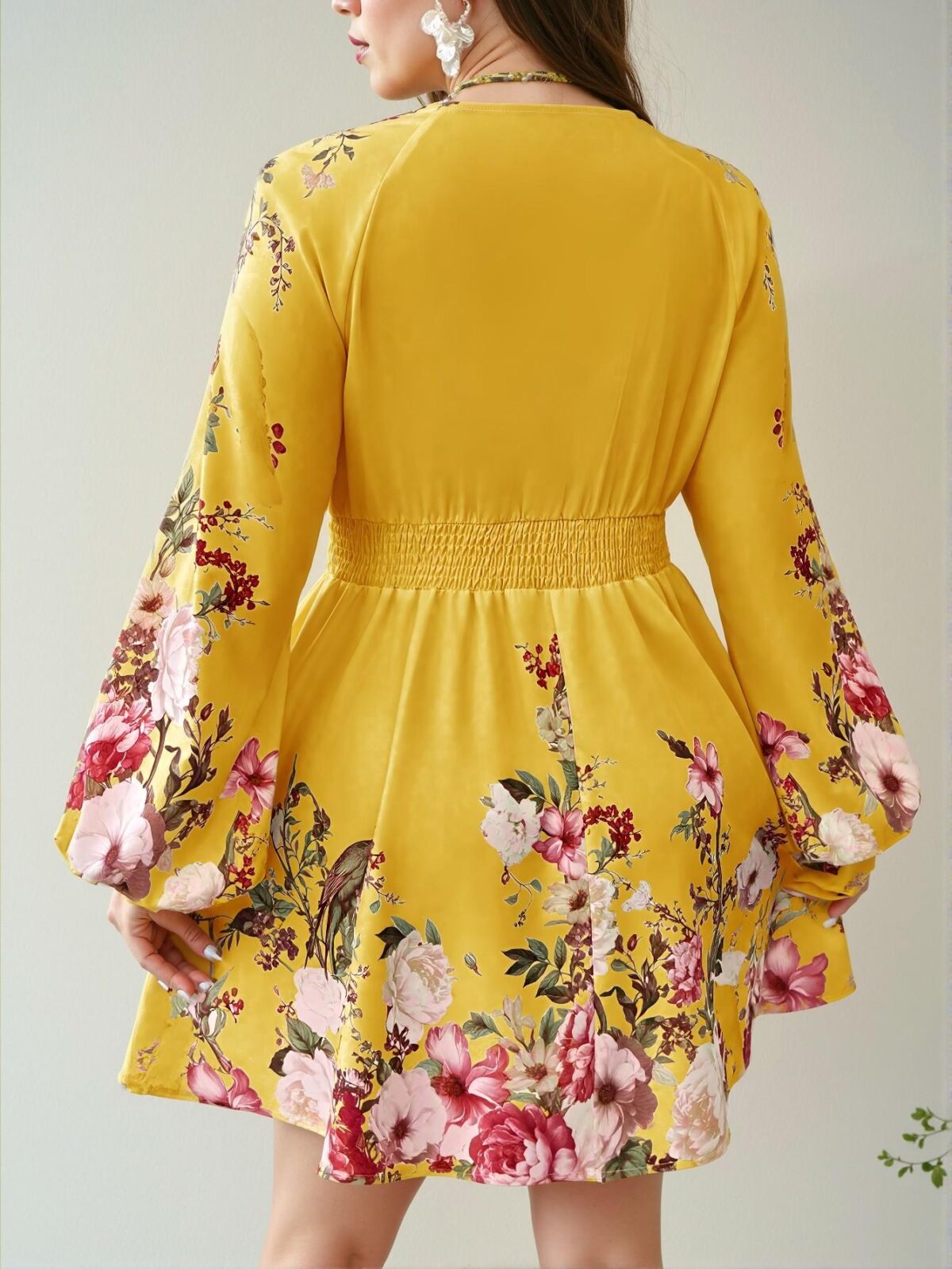 Elegant Yellow Stylish Plus Size Deep V-Neck Floral A-Line Dress Perfect for Easter Celebrations - Chic, Classy and Trendy Fashion Style to Dress to Impress - Image 2