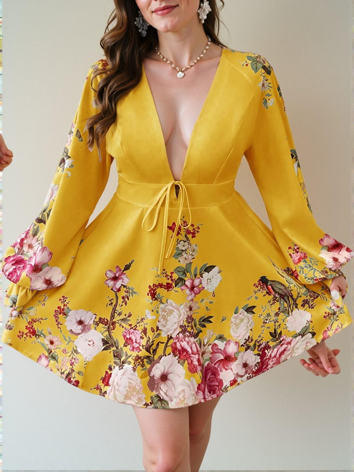Elegant Yellow Stylish Plus Size Deep V-Neck Floral A-Line Dress Perfect for Easter Celebrations - Chic, Classy and Trendy Fashion Style to Dress to Impress - Image 3