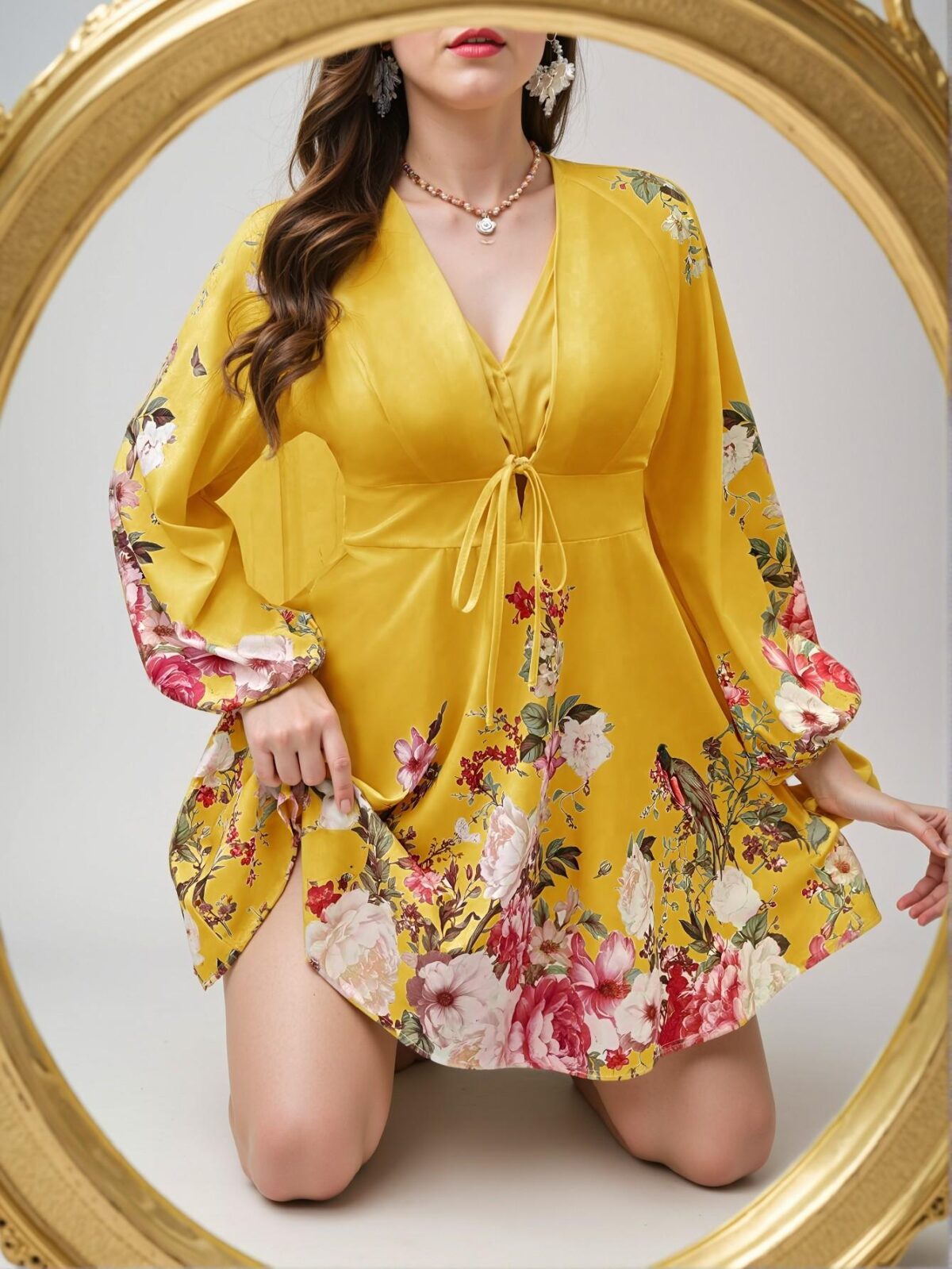 Elegant Yellow Stylish Plus Size Deep V-Neck Floral A-Line Dress Perfect for Easter Celebrations - Chic, Classy and Trendy Fashion Style to Dress to Impress - Image 4