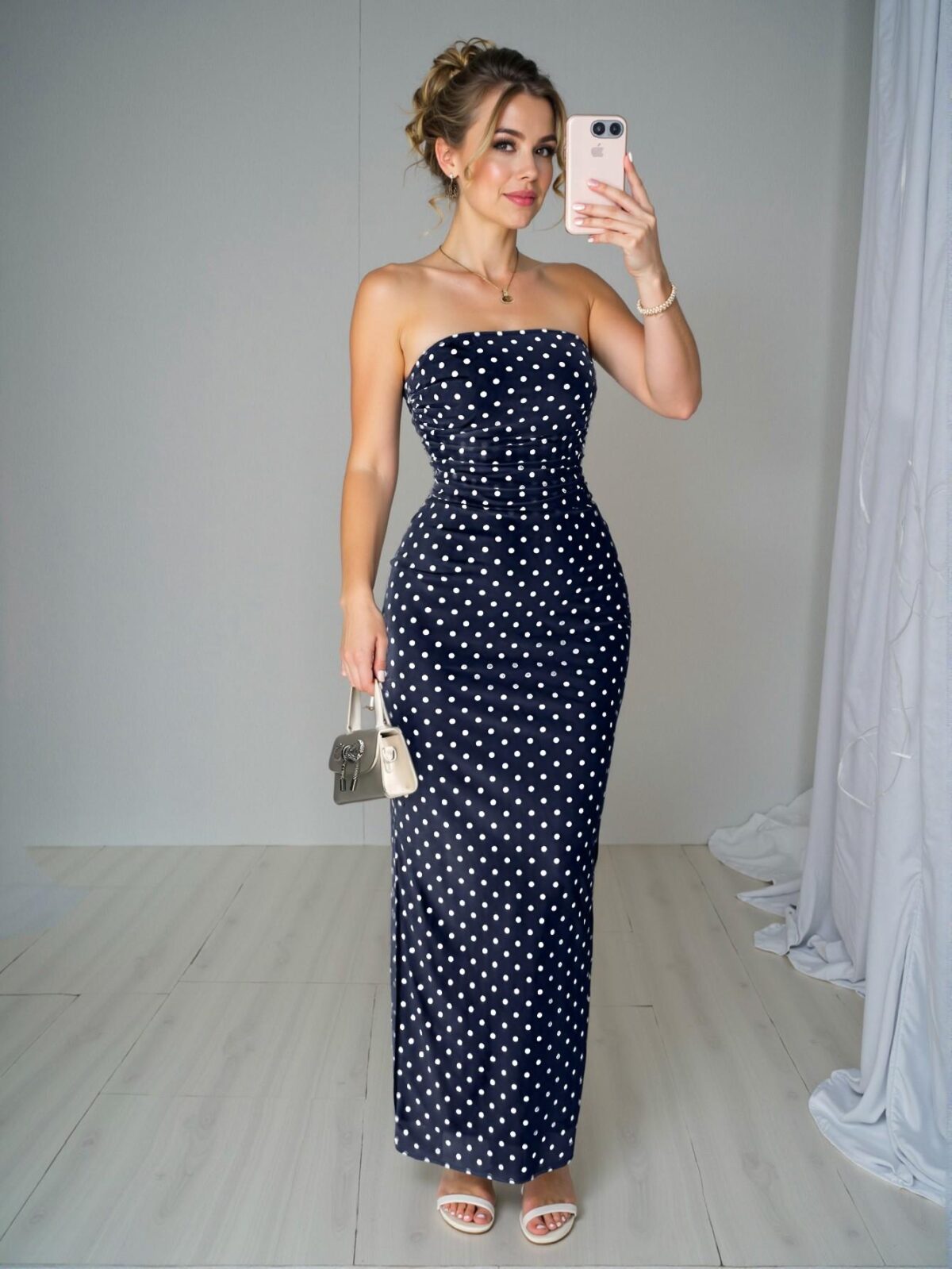 Elegant Navy Blue Polka Dot Mesh Bustier Gathered Waist Midi Dress Perfect for Spring and Summer - Chic, Classy and Trendy Fashion Style to Dress to Impress