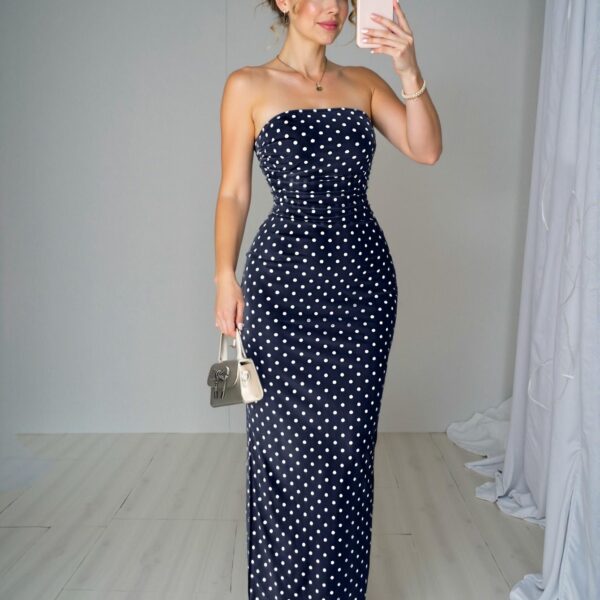 Elegant Navy Blue Polka Dot Mesh Bustier Gathered Waist Midi Dress Perfect for Spring and Summer - Chic, Classy and Trendy Fashion Style to Dress to Impress