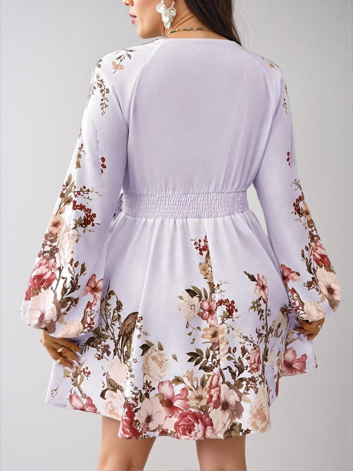 Elegant Purple Boho Floral Print Deep V-Neck High Waist Fitted Dress for Easter Wear Chic, Classy and Trendy Fashion Style to Dress to Impress - Image 2