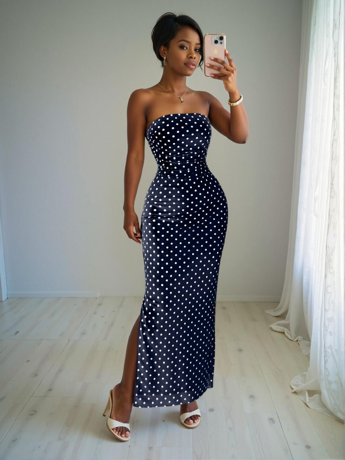 Elegant Navy Blue Polka Dot Mesh Bustier Gathered Waist Midi Dress Perfect for Spring and Summer - Chic, Classy and Trendy Fashion Style to Dress to Impress - Image 3