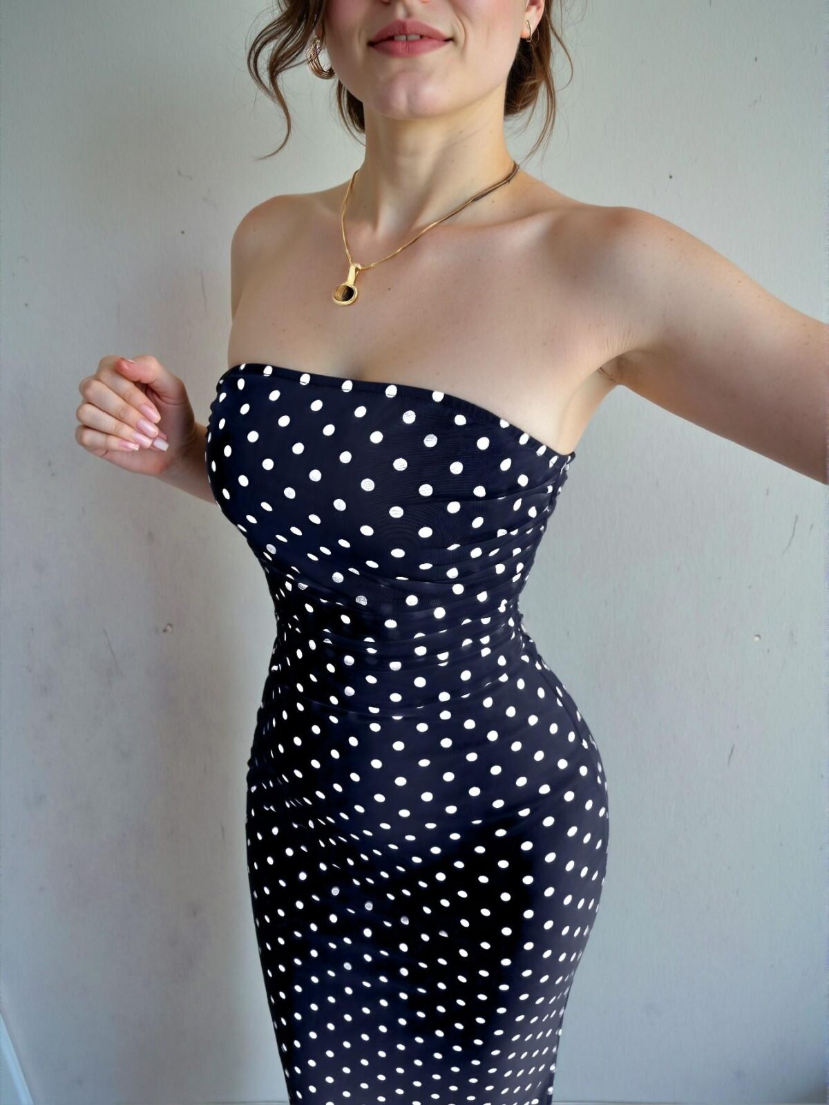 Elegant Navy Blue Polka Dot Mesh Bustier Gathered Waist Midi Dress Perfect for Spring and Summer - Chic, Classy and Trendy Fashion Style to Dress to Impress - Image 4