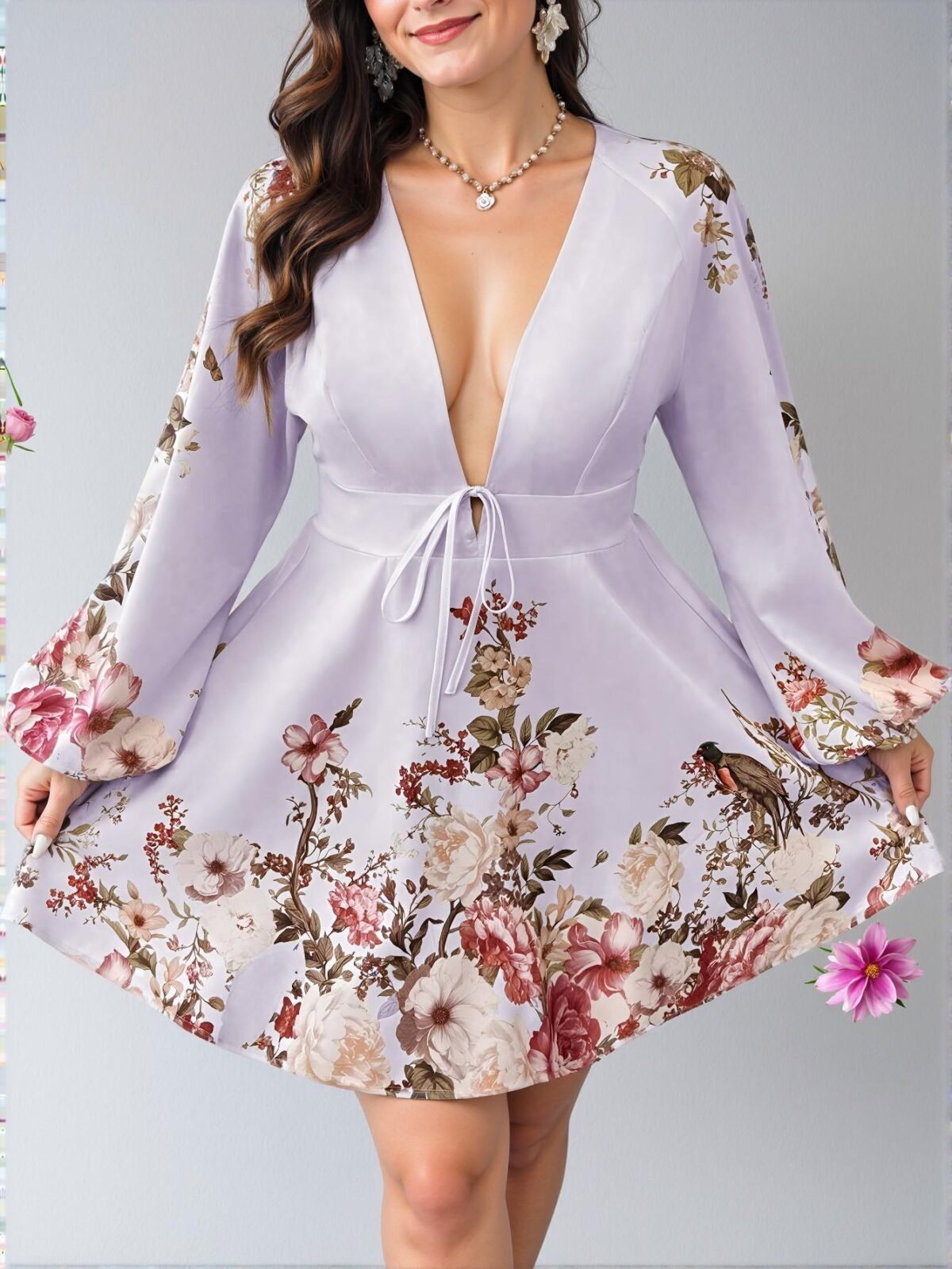 Elegant Purple Boho Floral Print Deep V-Neck High Waist Fitted Dress for Easter Wear Chic, Classy and Trendy Fashion Style to Dress to Impress - Image 5