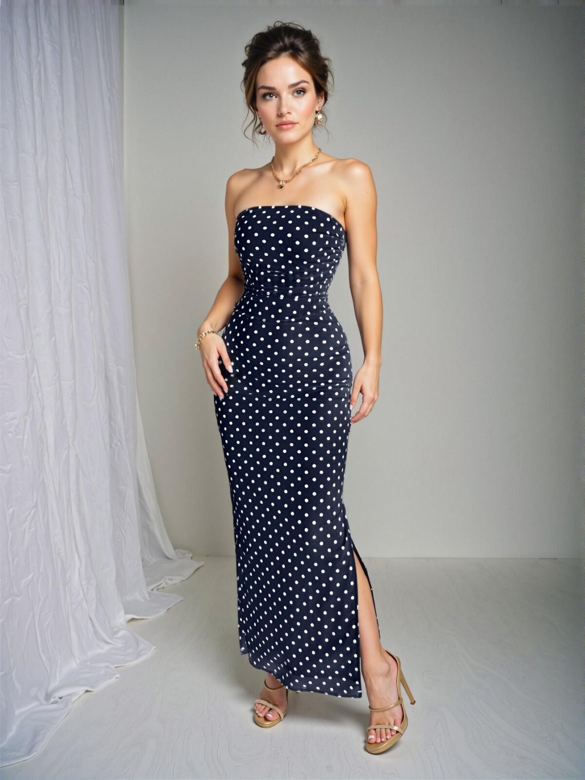 Elegant Navy Blue Polka Dot Mesh Bustier Gathered Waist Midi Dress Perfect for Spring and Summer - Chic, Classy and Trendy Fashion Style to Dress to Impress - Image 5