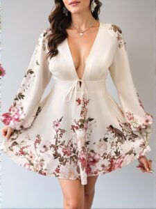 Elegant Multicolor Stylish Plus Size Deep V-Neck Floral Dress for Easter Celebrations - Chic, Classy and Trendy Fashion Style to Dress to Impress