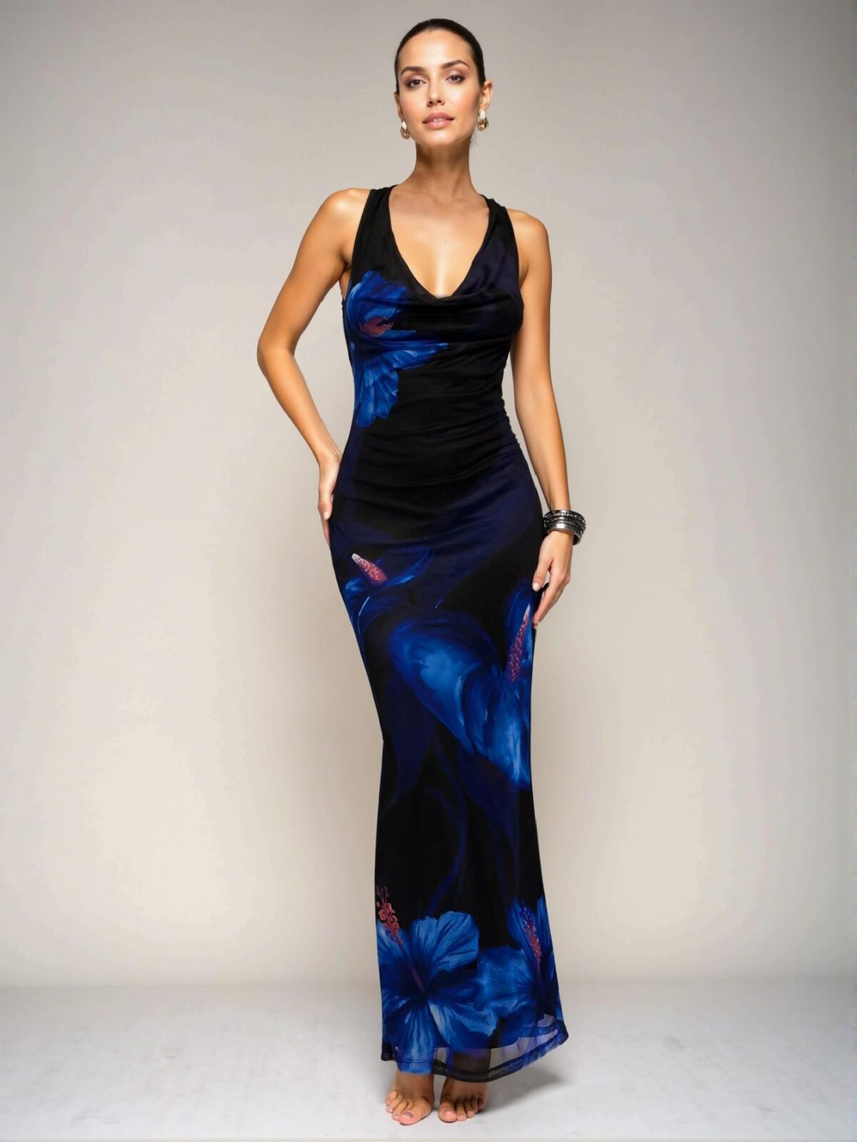 Elegant Blue Backless Halter Floral Print Maxi Dress for Spring and Summer – Chic, Classy and Trendy Fashion Style to Dress to Impress