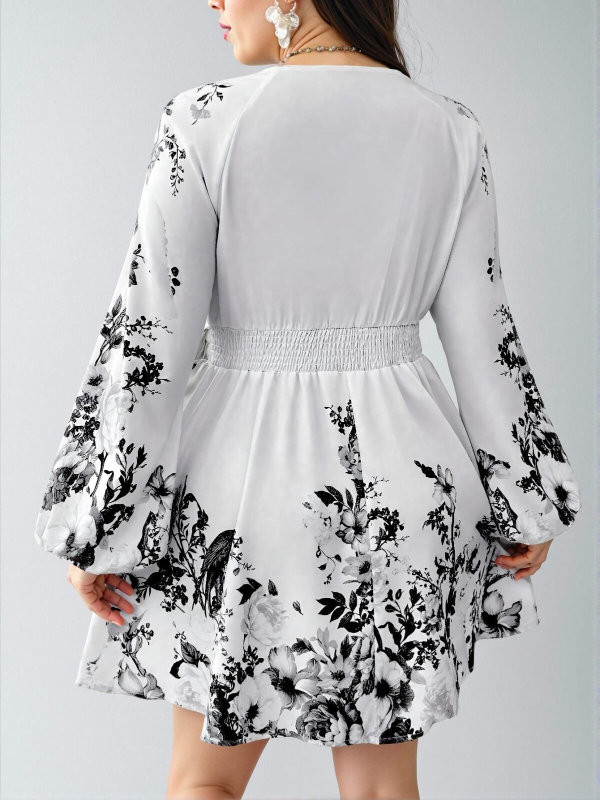 Elegant Black and White Floral Print Deep V-Neck A-Line Dress with High Waist and Bishop Sleeves – Chic, Classy and Trendy Fashion Style to Dress to Impress - Image 2