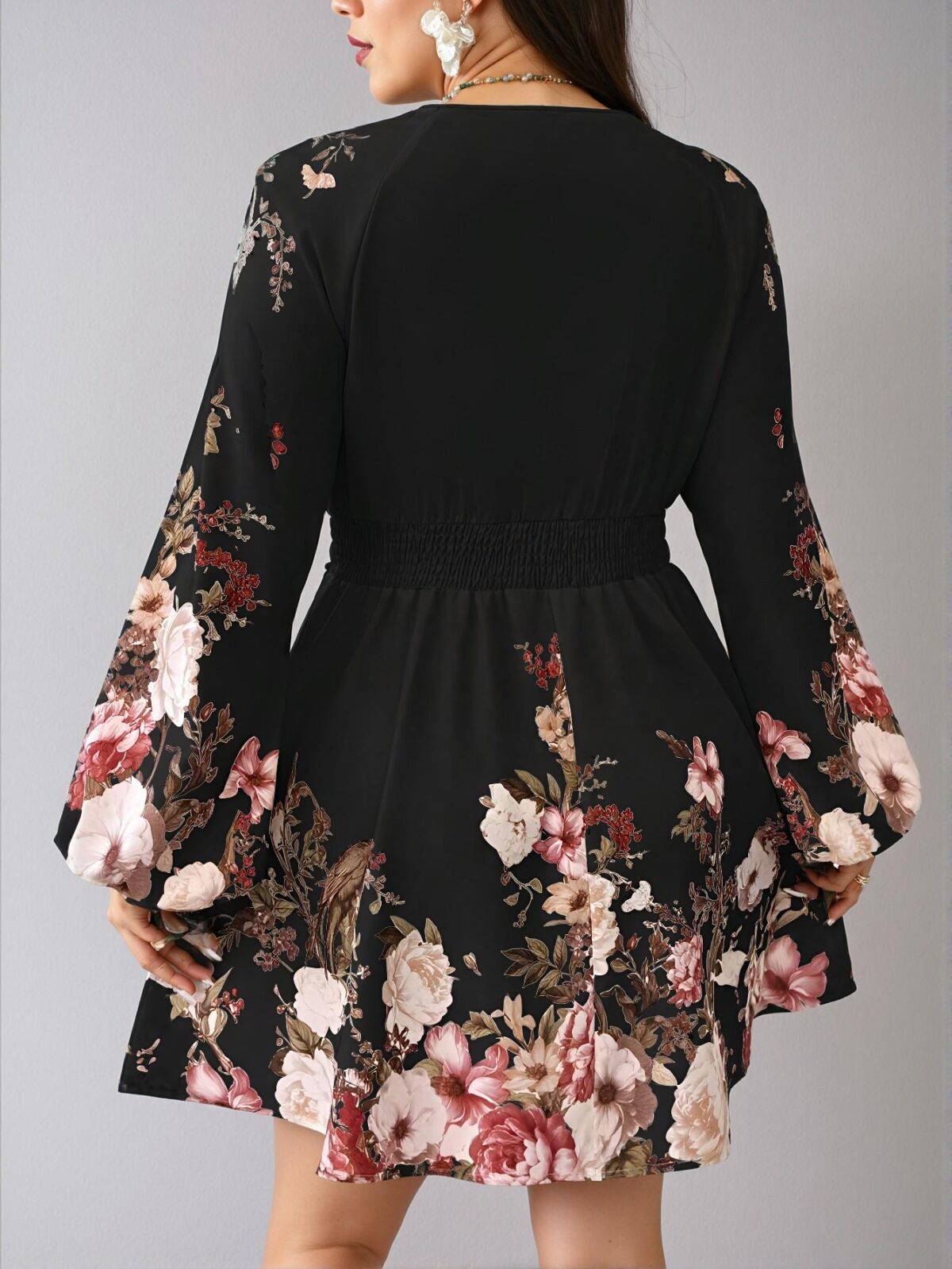 Elegant Black Floral Print Deep V-Neck A-Line Dress Perfect for Easter Celebrations - Chic, Classy and Trendy Fashion Style to Dress to Impress - Image 2