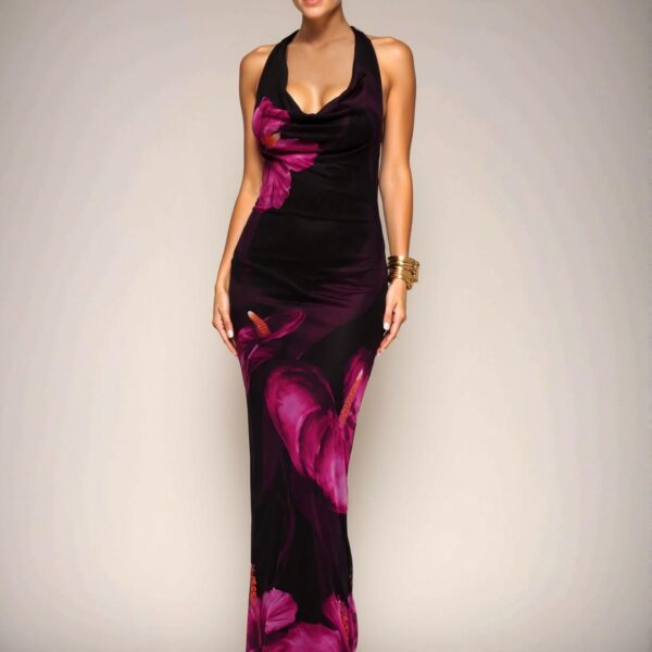Elegant Hot Pink Floral Bodycon Maxi Dress with Backless Design and Split Thigh for the Season "Chic, Classy and Trendy Fashion Style to Dress to Impress"
