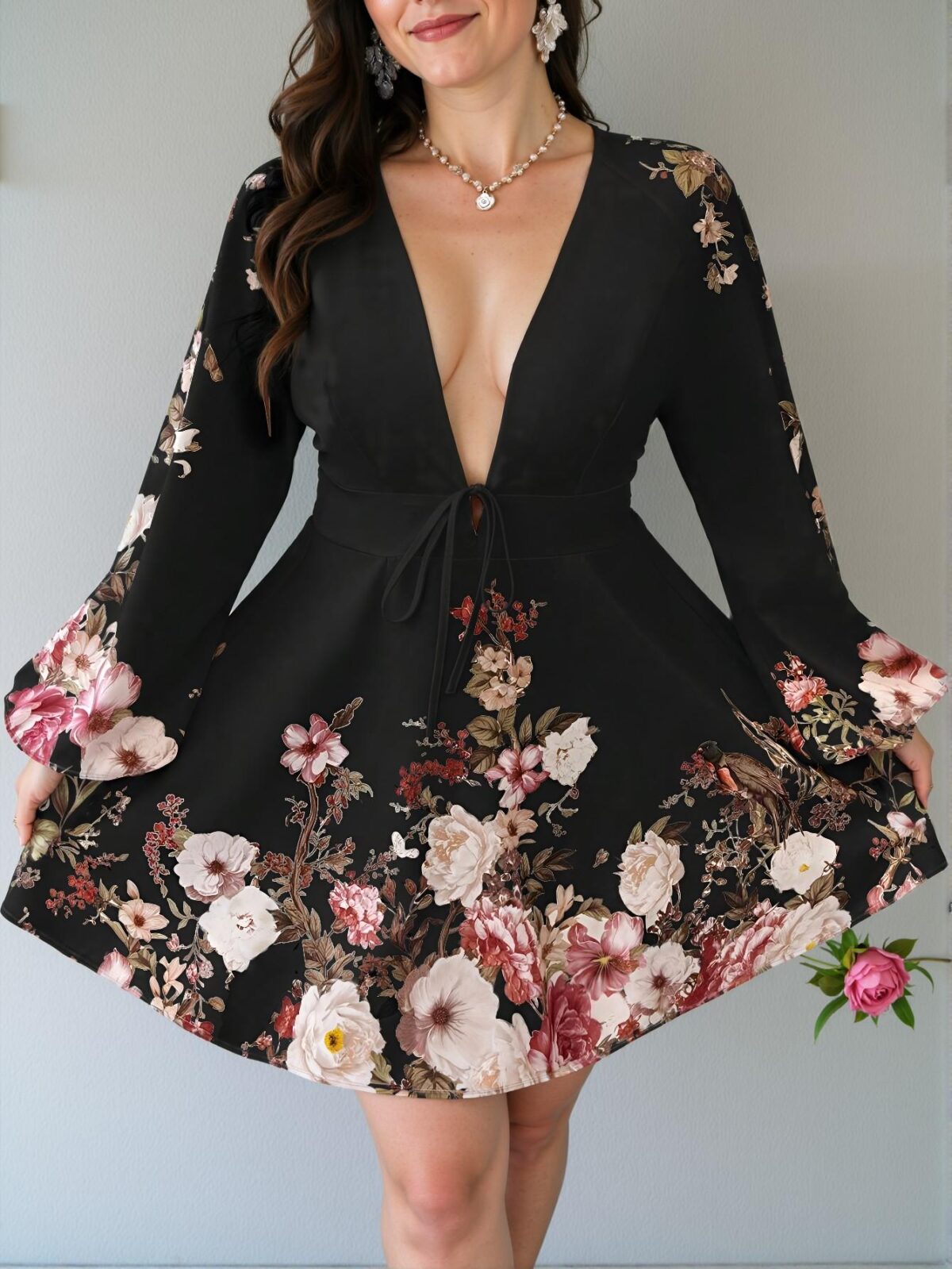 Elegant Black Floral Print Deep V-Neck A-Line Dress Perfect for Easter Celebrations - Chic, Classy and Trendy Fashion Style to Dress to Impress - Image 5