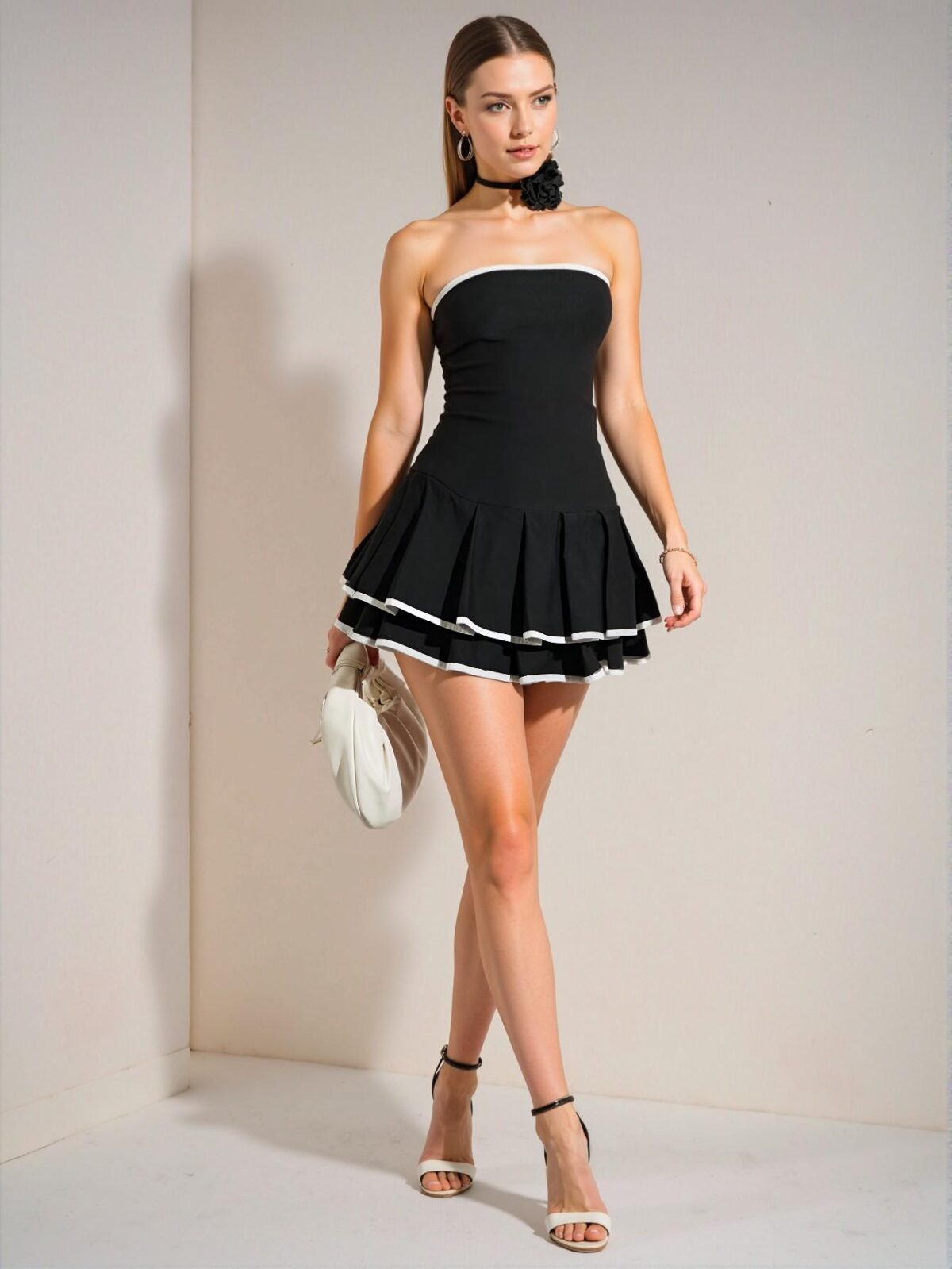 Elegant Black Strapless A-Line Mini Dress with Colorblock Pleated Hem for a Chic Minimalist Look - Perfect for Summer Gatherings, Dates, and Daily Wear - Chic, Classy, and Trendy Fashion Style to Dress to Impress - Image 3