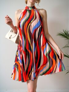 Elegant Multicolor Allover Print Halter Neck Dress with Keyhole Back and Pleated Details for Spring and Summer - Chic, Classy and Trendy Fashion Style to Dress to Impress