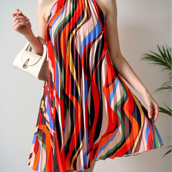 Elegant Multicolor Allover Print Halter Neck Dress with Keyhole Back and Pleated Details for Spring and Summer - Chic, Classy and Trendy Fashion Style to Dress to Impress
