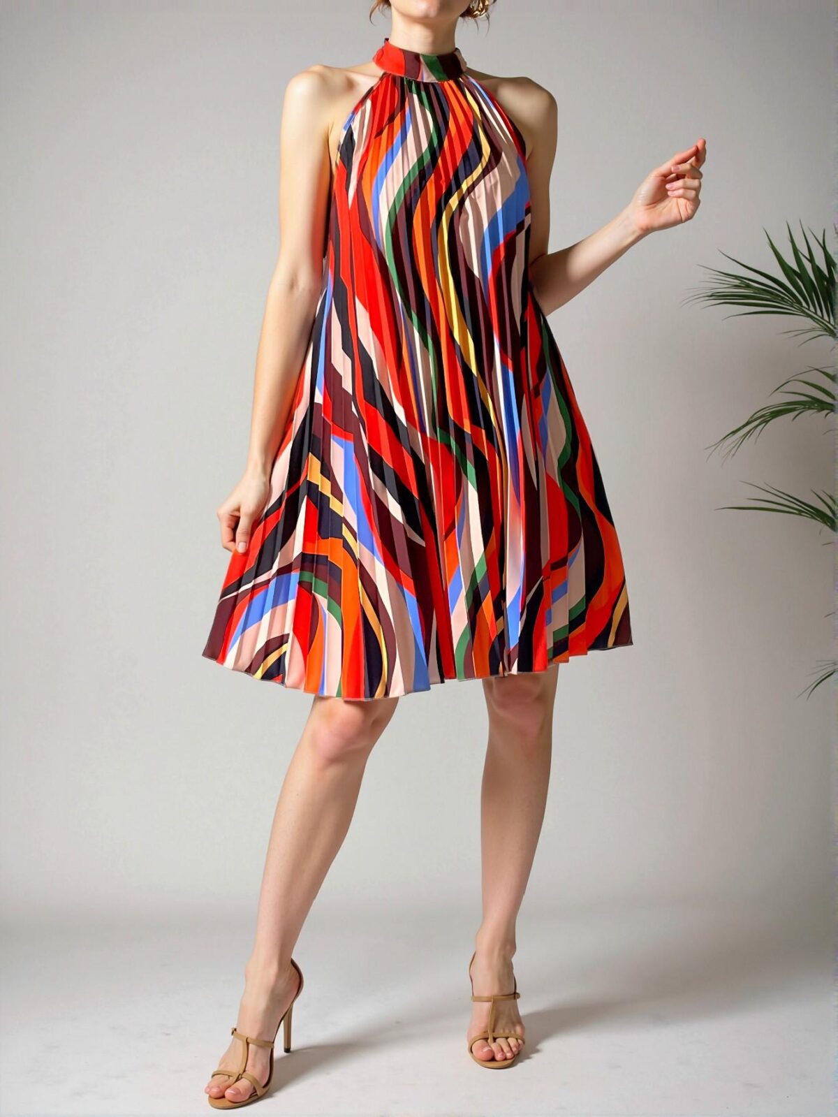 Elegant Multicolor Allover Print Halter Neck Dress with Keyhole Back and Pleated Details for Spring and Summer - Chic, Classy and Trendy Fashion Style to Dress to Impress - Image 3