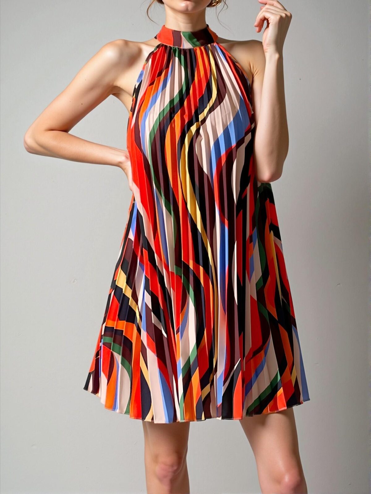 Elegant Multicolor Allover Print Halter Neck Dress with Keyhole Back and Pleated Details for Spring and Summer - Chic, Classy and Trendy Fashion Style to Dress to Impress - Image 4